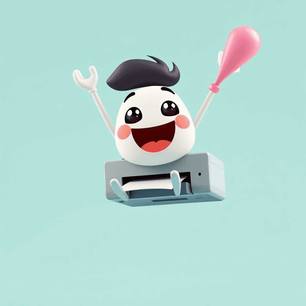 Flying cartoon cute printer that says hooray